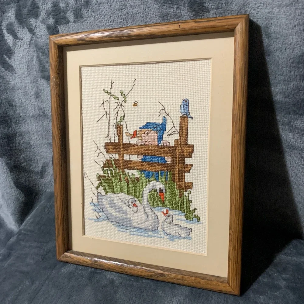 Needlepoint Art Framed Girl Swans Blue Brown Cottagecore Vintage